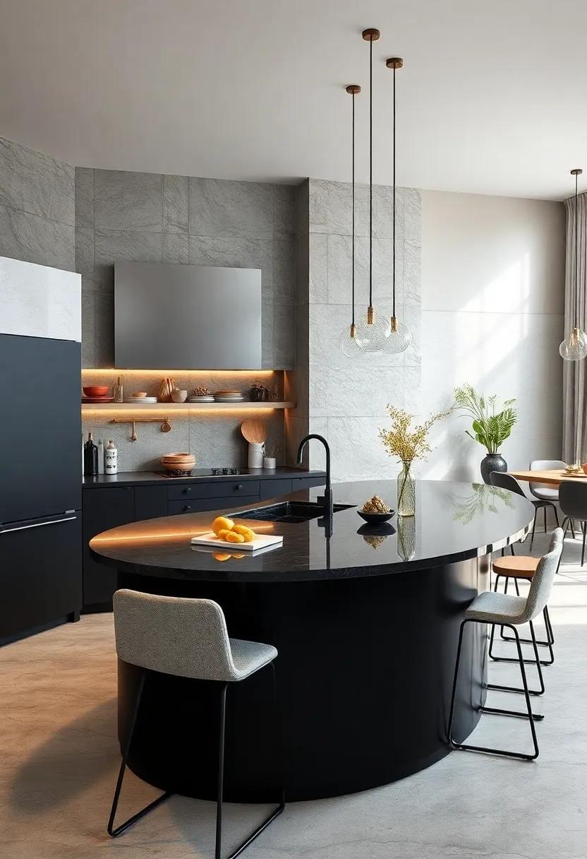 Elegant Curves: A beautifully rounded black island that softens the kitchen edges, adding elegance and flow​ to the overall design
