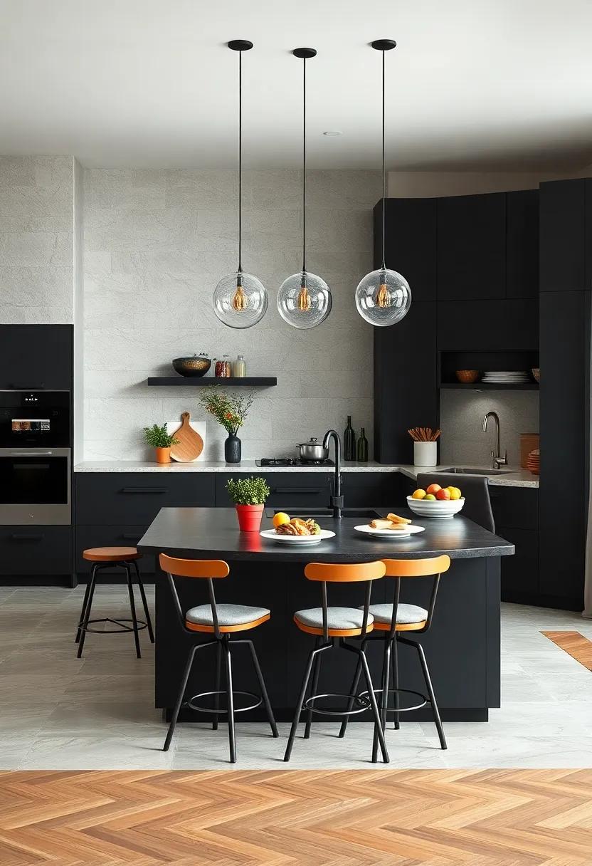Family-Friendly: A spacious black⁣ kitchen island with room for everyone, featuring built-in storage‍ and a​ playful eating area ‍for kids