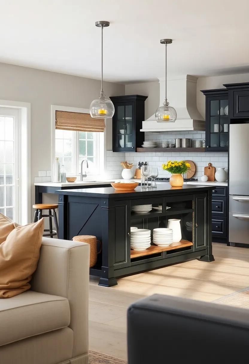 Farmhouse⁤ Chic:‍ A black​ kitchen island featuring open shelving and a distressed finish, perfect for showcasing charming dishware and decor