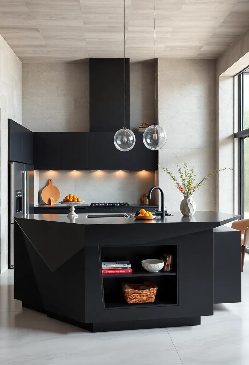 Geometric Elegance: ⁢A uniquely shaped black island featuring angular lines and integrated shelving for a striking focal point
