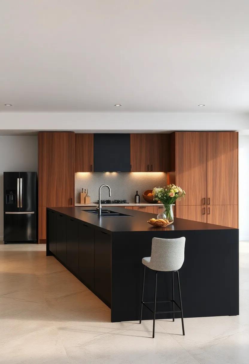 High Contrast: A striking black kitchen ⁢island ​contrasted with rich⁤ wooden cabinetry, creating a dramatic yet harmonious design