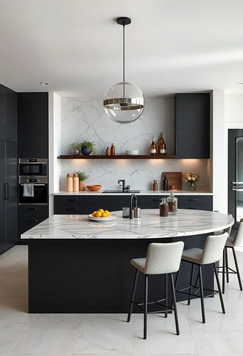 Luxe ⁢Marble Top: ⁢A black island with a stunning marble⁢ countertop‍ that elevates the entire kitchen with its elegant veining and durability