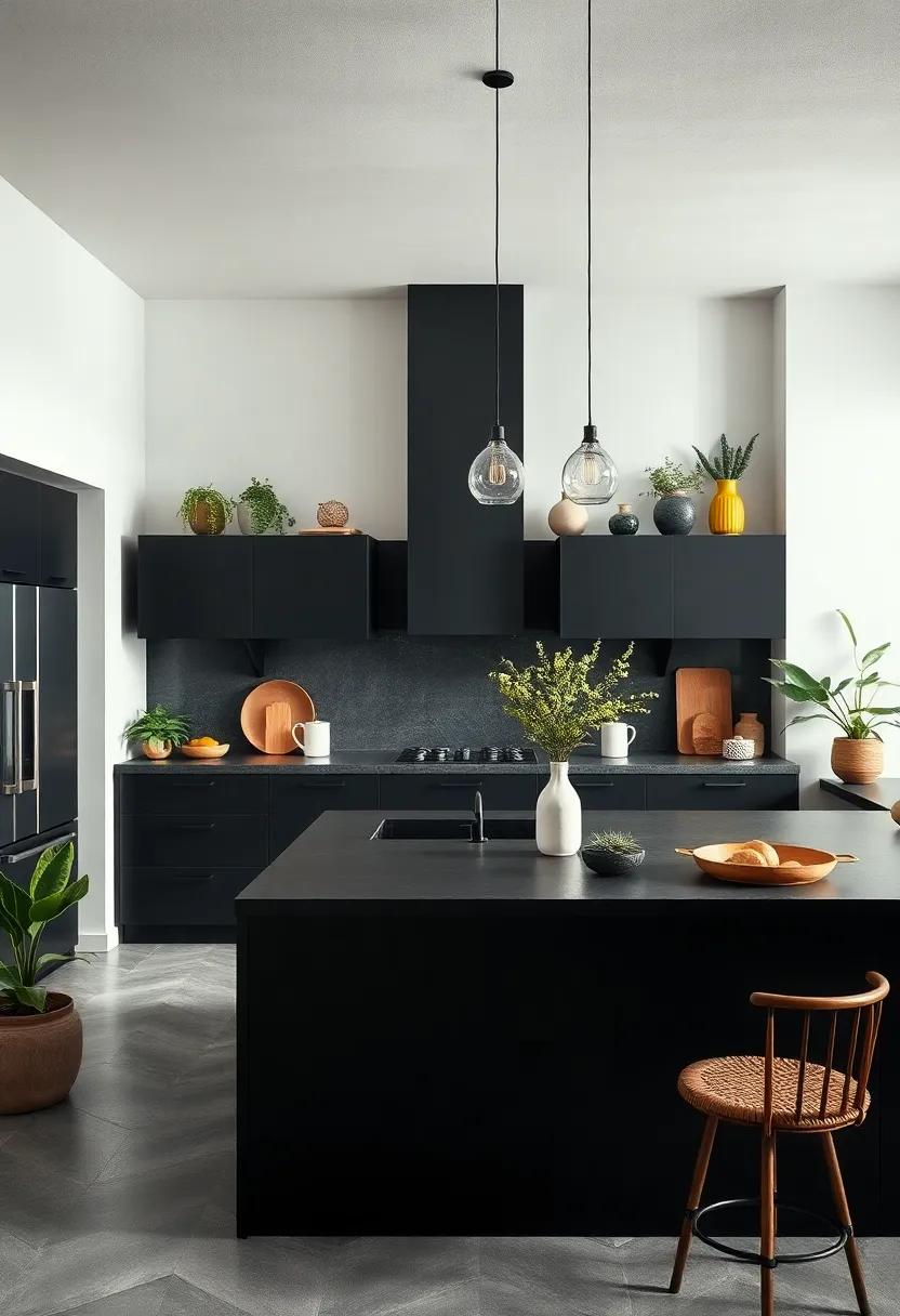 Minimalist zen: A serene⁣ black island with⁤ minimal clutter, complemented by plants and natural ​elements​ for a calming culinary environment