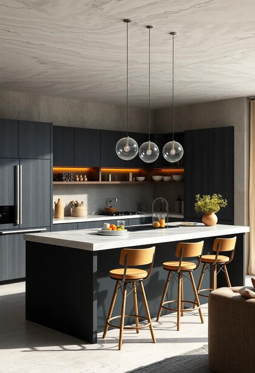 Multi-functional Marvel: A black island that doubles as a breakfast bar,⁣ featuring high stools and convenient storage solutions ‍for everyday use