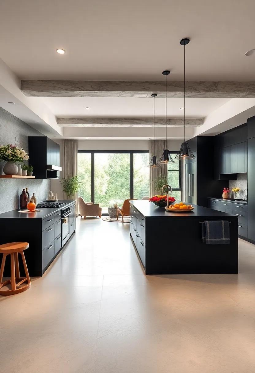 Open ‍Concept⁤ Delight: A spacious⁣ black‍ island that ⁣serves⁢ as the heart of an open floor plan, ideal for entertaining guests and family gatherings
