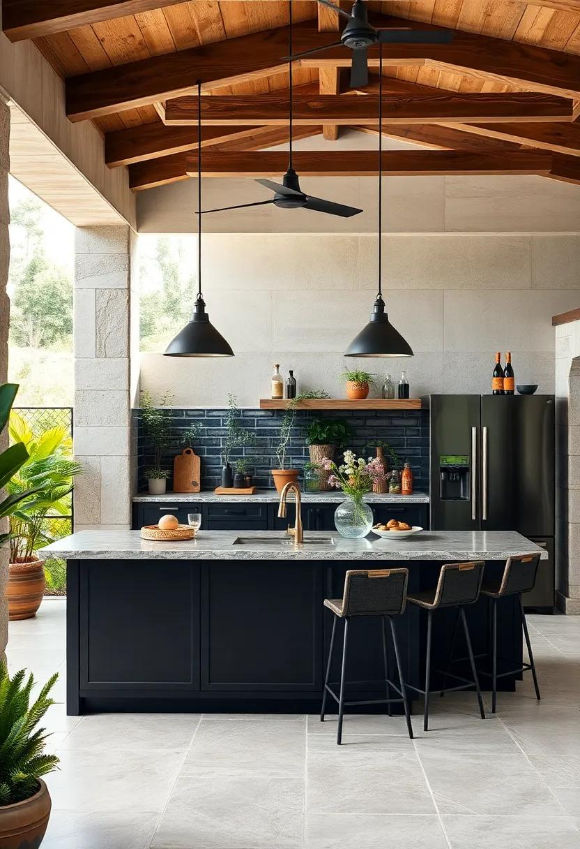 Outdoor Kitchen Oasis: A black kitchen island designed for outdoor use,built with weather-resistant materials for year-round​ entertaining