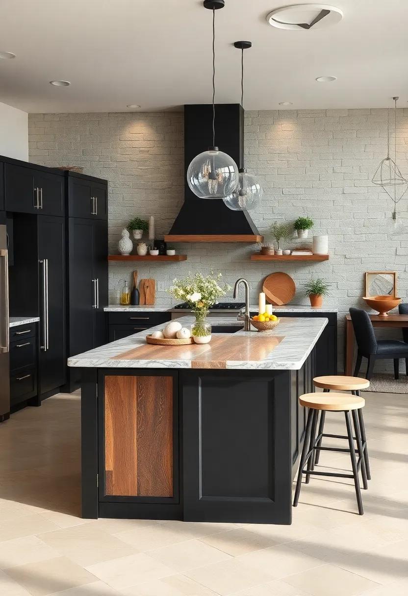 Rustic Charm: A black kitchen island with reclaimed wood ​accents, ‌bringing warmth and texture ‌to a contemporary kitchen