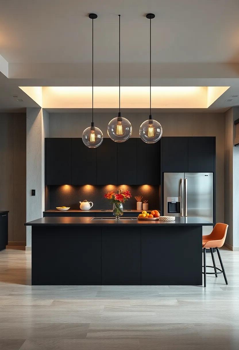 Statement Lighting: A black kitchen island illuminated by bold pendant lights, creating a captivating atmosphere in the culinary hub