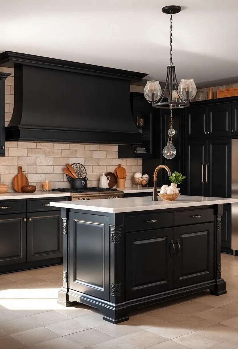 Vintage Flair: A black island featuring ornate details and ‌antique-inspired ⁣hardware,‌ perfect for a farmhouse ‍or vintage-style kitchen