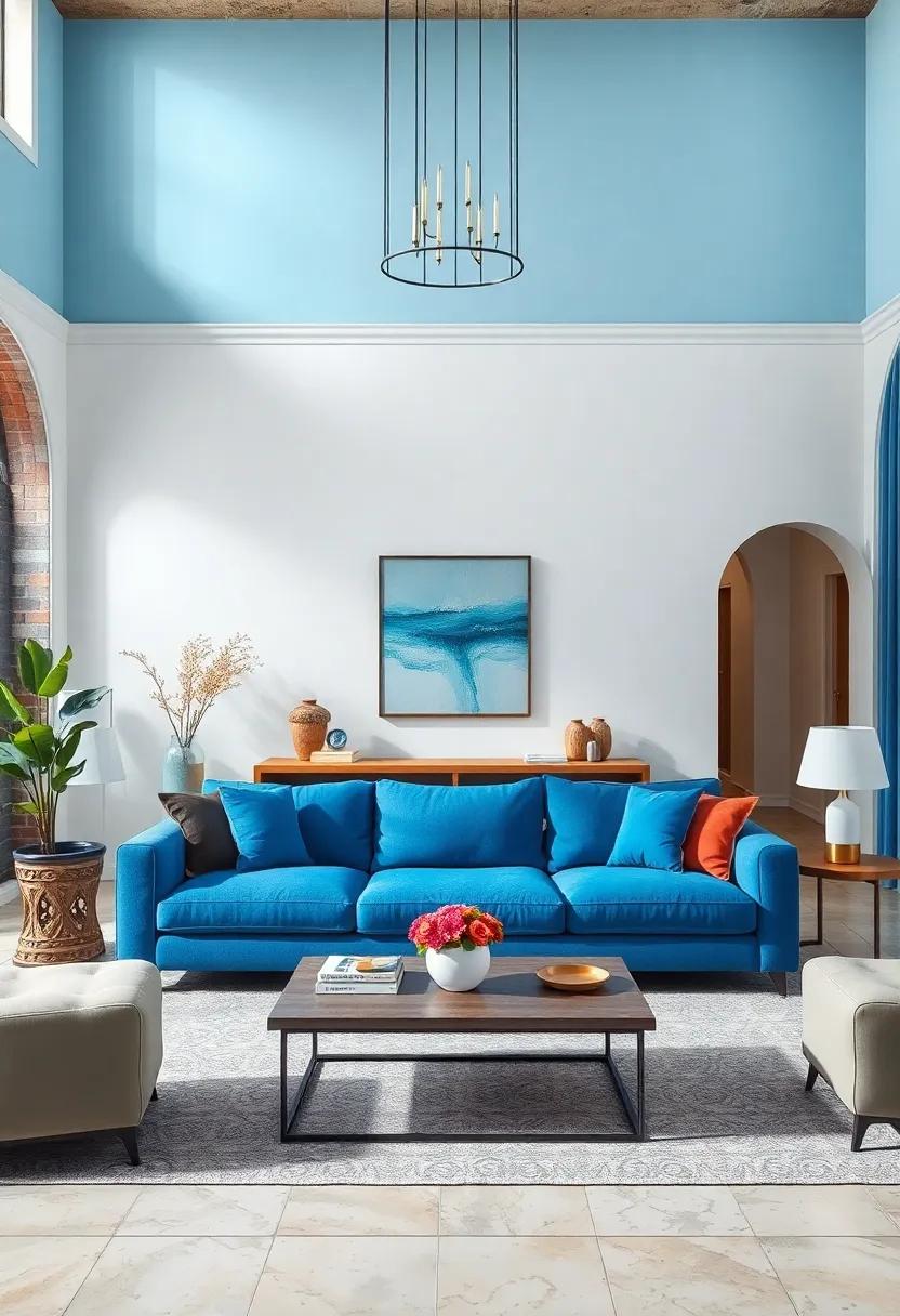 Feature a Statement Blue Sofa as the Focal Point