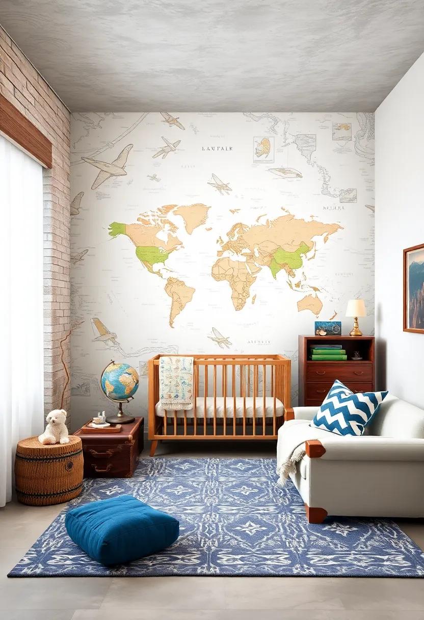 Adventure Awaits: Design a travel-themed nursery featuring vintage suitcases, world map wallpapers, and globes to ignite your little one's wanderlust