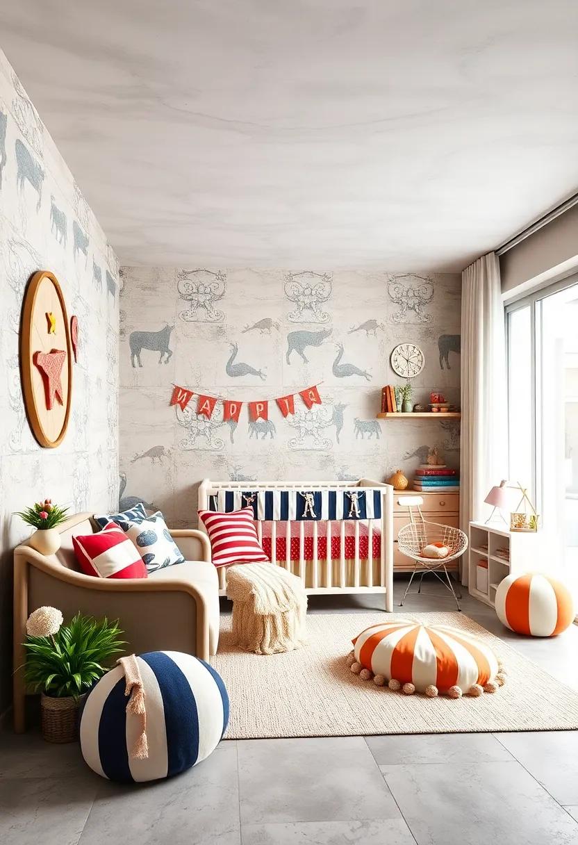Charming Circus: Use striped patterns and whimsical accents to create a joyous atmosphere that's full of​ color and excitement