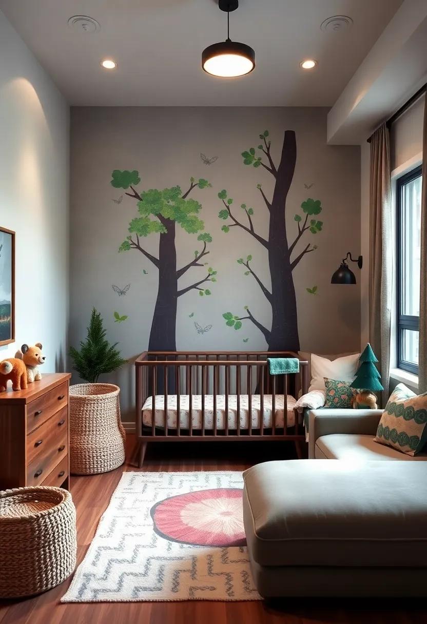 Forest Fantasy: Infuse nature ​into the room with tree decals, earthy tones, and stuffed animals for ​an enchanting woodland experience