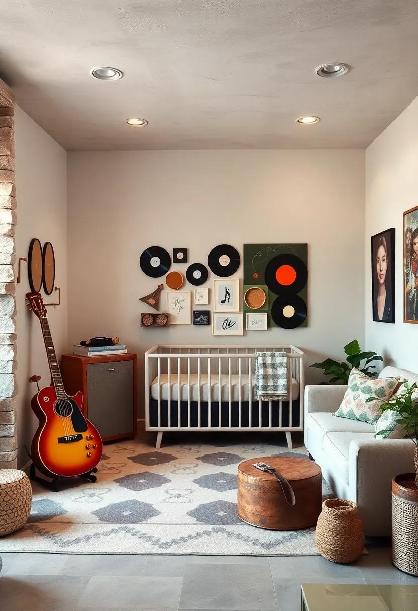 Retro Rock 'n' Roll: Combine vintage records, music notes, and a cool guitar for a nursery that celebrates melodious vibes