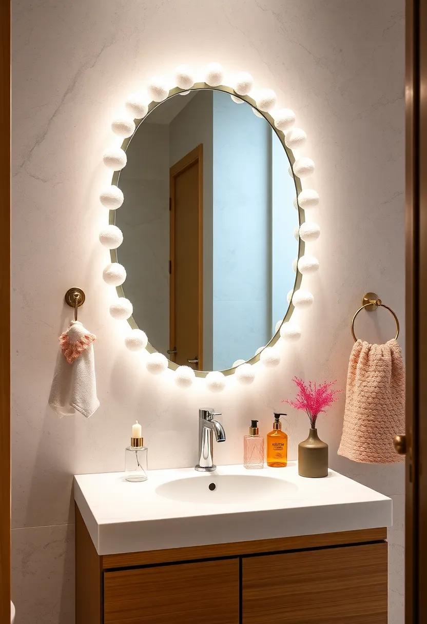 Pom​ Pom Trim Mirror: This ‍playful mirror ⁤adorned ⁣with pom poms adds a whimsical touch,perfect for a fun and quirky small bathroom setting