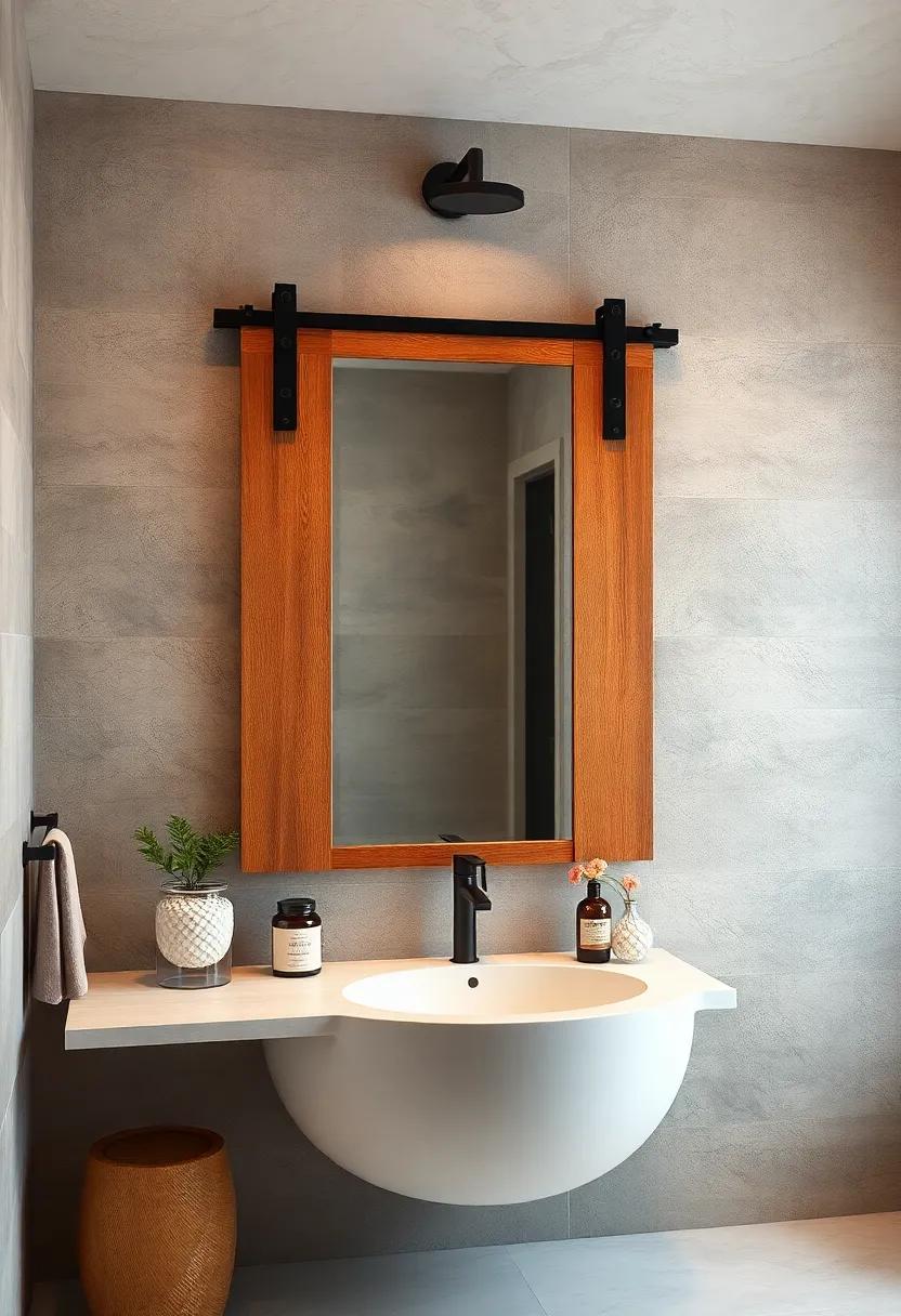 Rustic Barn door Mirror: A sliding​ barn door​ design brings country charm to your bathroom, creating a unique focal point that invites warmth ‍and character