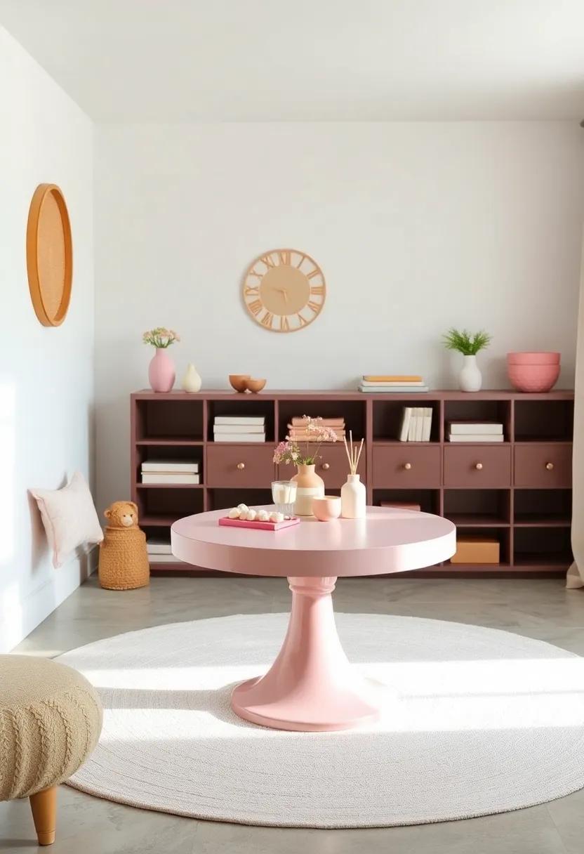 Unique Pedestal​ Table: Use​ a ⁢pastel​ pedestal table as​ a playful focal point​ where creative activities and snacks can happen, encouraging social interaction ⁣and bonding