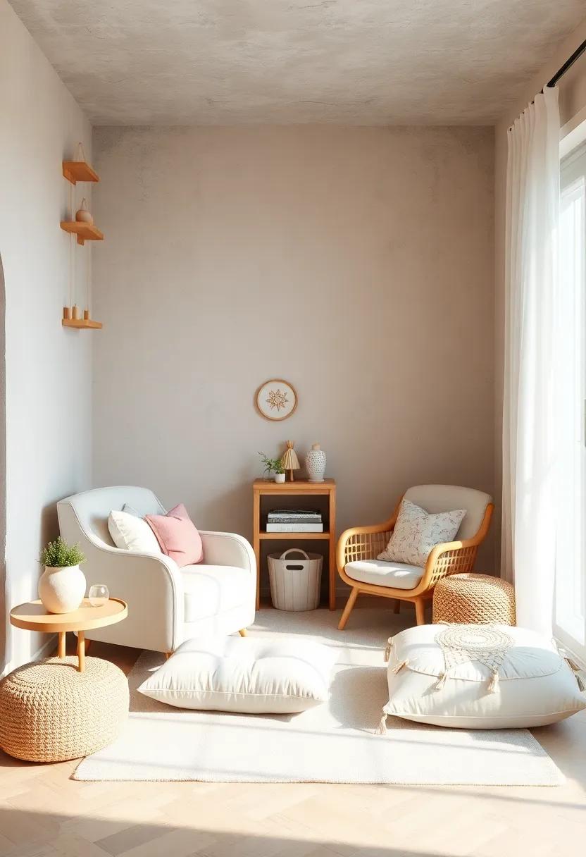 Soft Seating: Incorporate a comfy pastel armchair or floor cushions that welcomes relaxing moments shared with your little one during storytime or snuggles