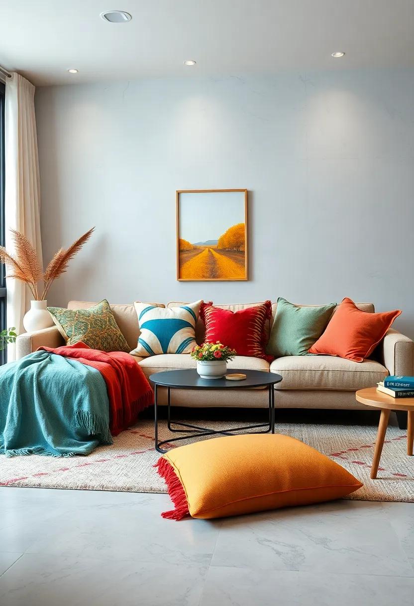 Colorful⁣ Throws and ‌Pillows: ‍Layer various ⁢sizes‌ and patterns to ​make your seating area extra inviting