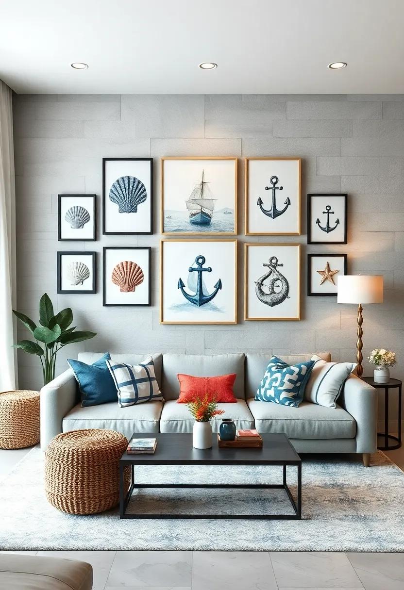Nautical-Inspired Gallery Wall: Curate a collection of seashell prints, anchors, and sailboats ⁢to bring a coastal vibe ‌to your living room