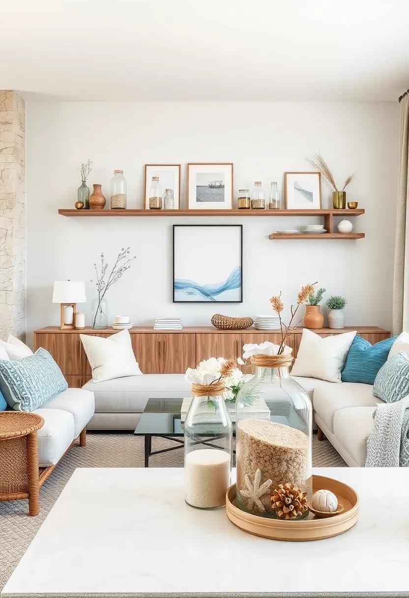 Glass Bottles with Sand: Place clear glass bottles filled with‌ sand and decorated with⁢ twine on shelves or tables for​ a ⁢simple coastal accent