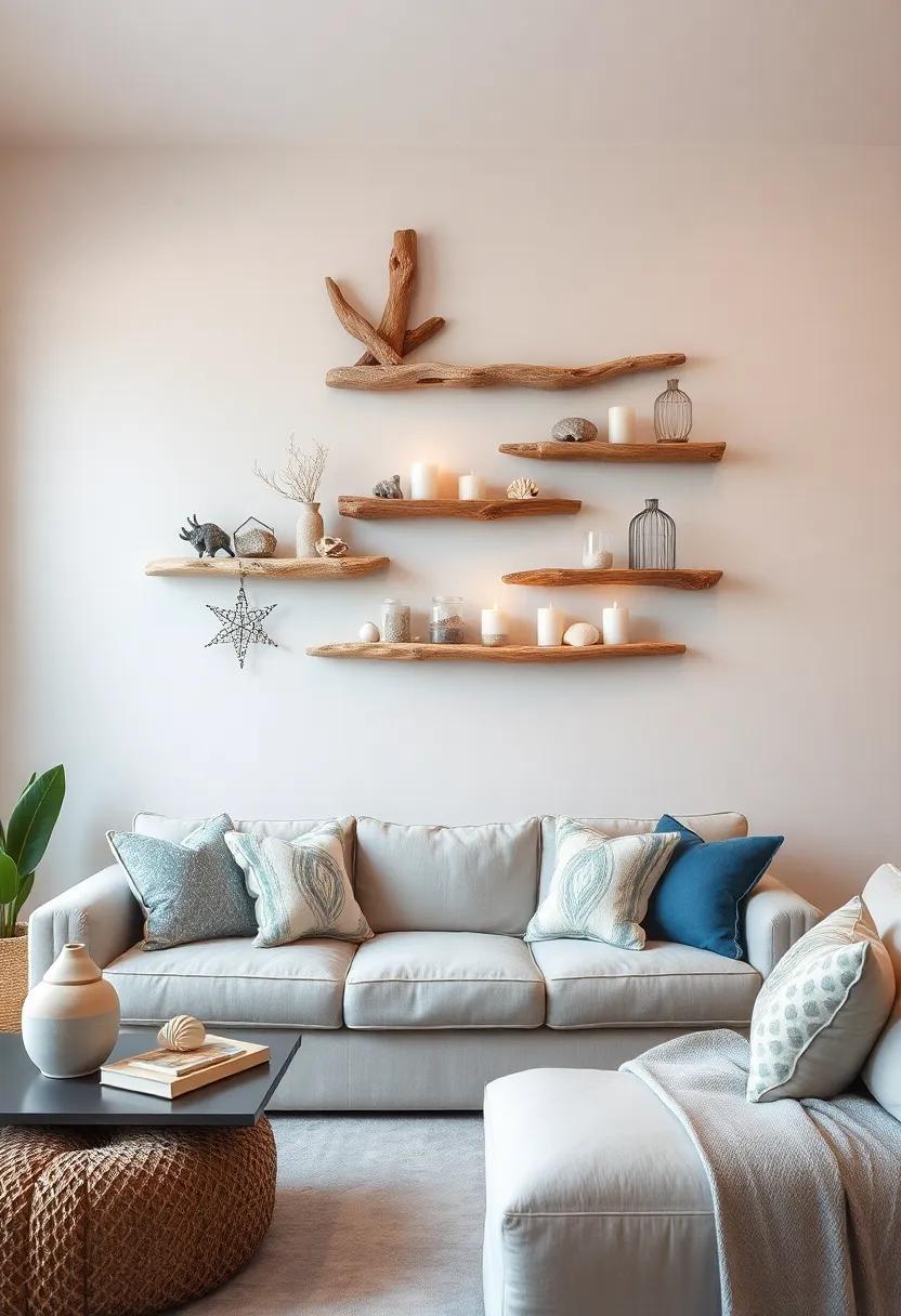 Driftwood Shelves: Install driftwood shelves to display seaside treasures like jars of sand, collected seashells, and coastal candles