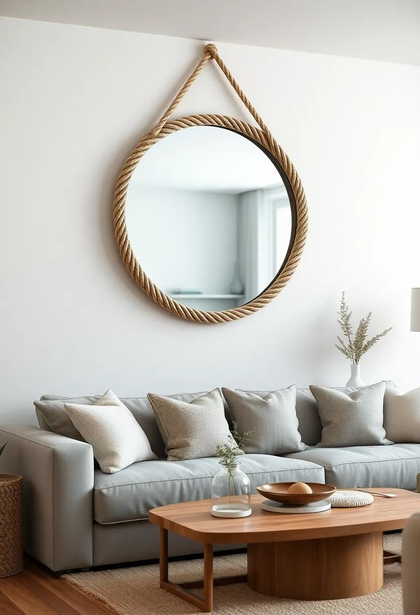 Rope-Wrapped Mirror: Hang a round mirror wrapped in jute rope for a rustic touch that reflects seaside charm