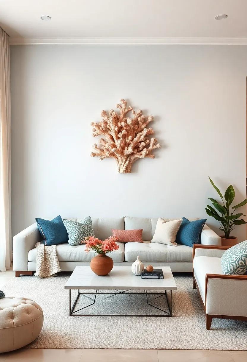Coral-Inspired Coral: Use sculpture or wall art that mimics coral shapes to add texture and a pop of interest to your living room