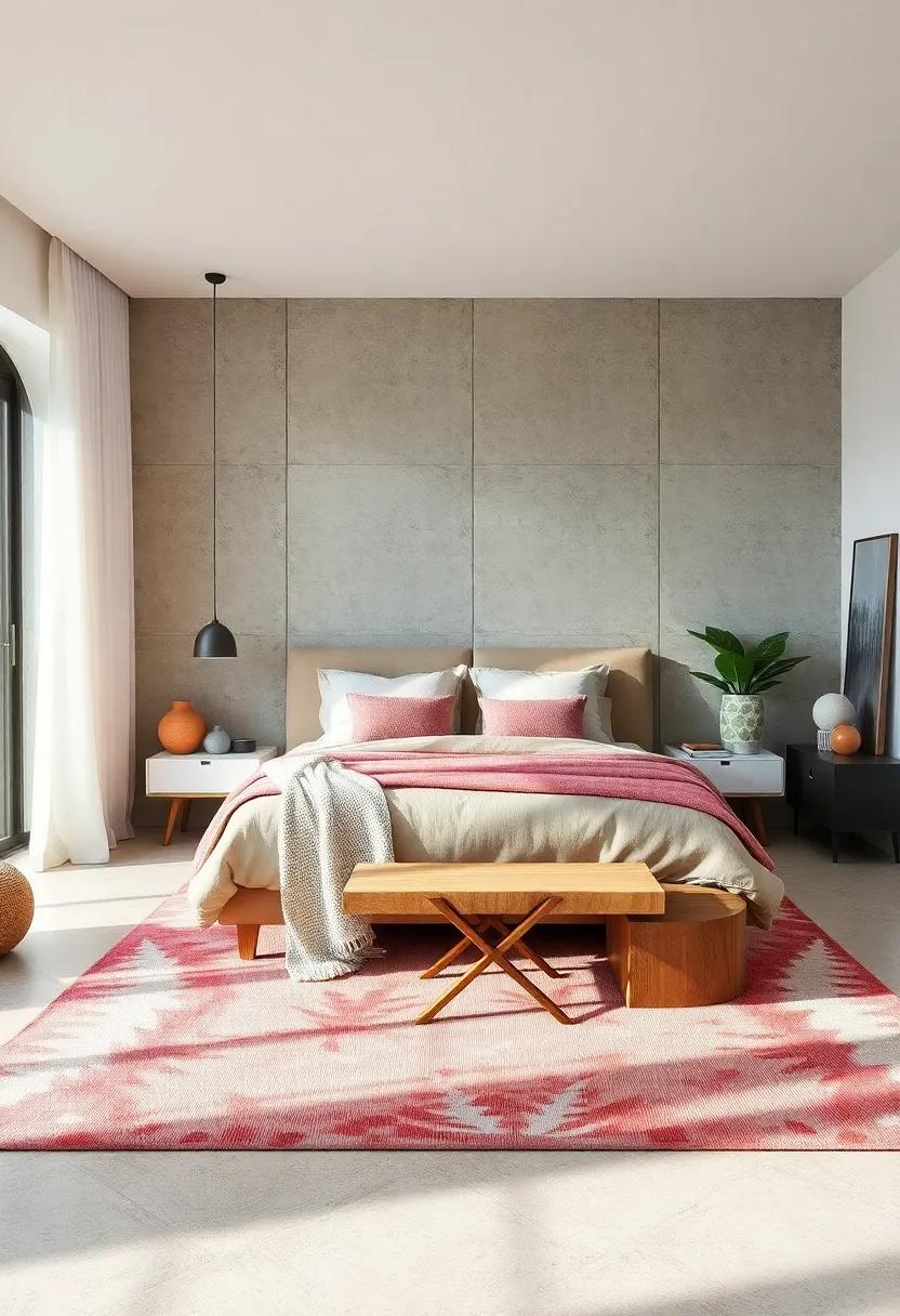 Anchor your bed with a large area rug that harmonizes with your color scheme while providing comfort underfoot