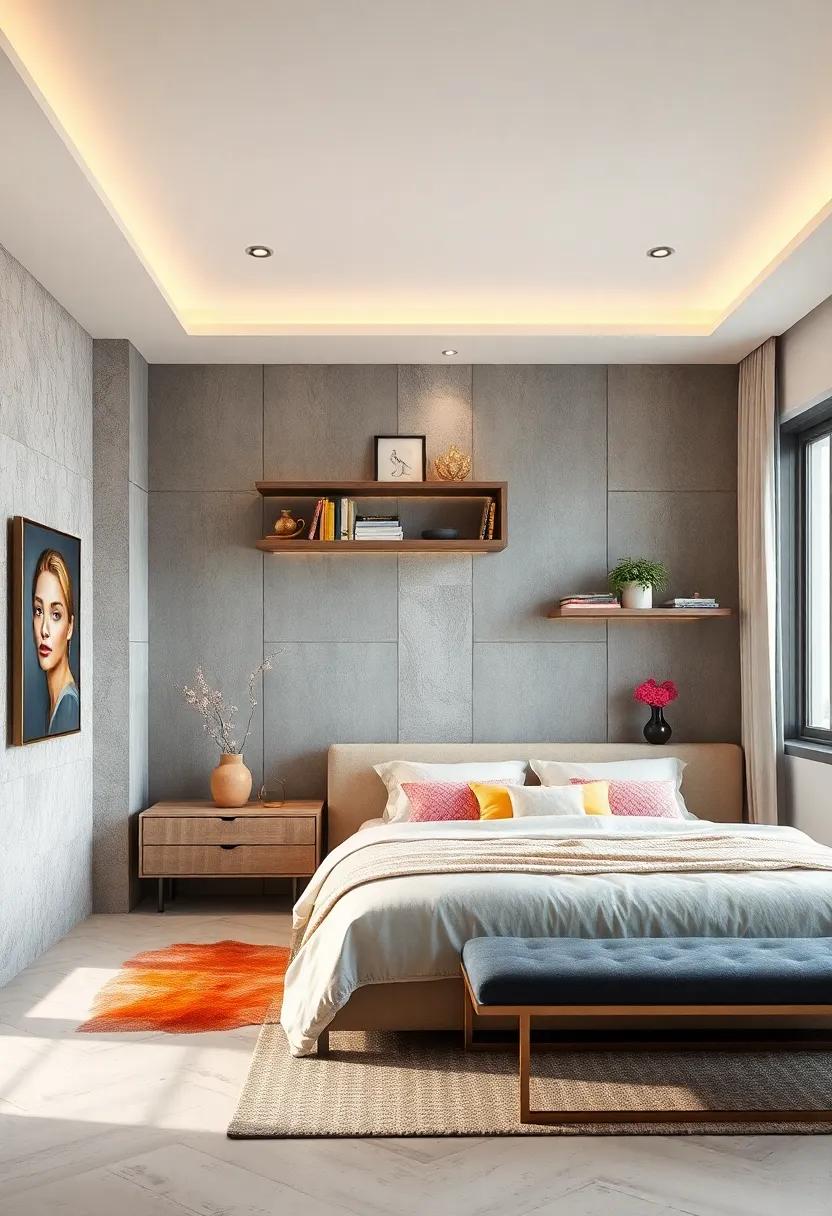 Consider a creative layout with floating shelves or corner furniture that utilizes every inch of your bedroom efficiently