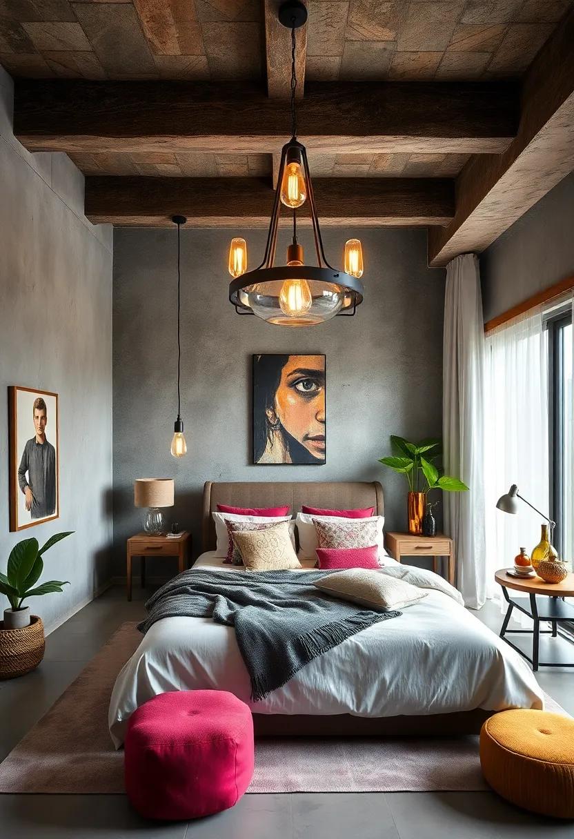 Experiment with unconventional lighting fixtures, such as a vintage chandelier or artistic pendant lights, to serve as a striking focal point