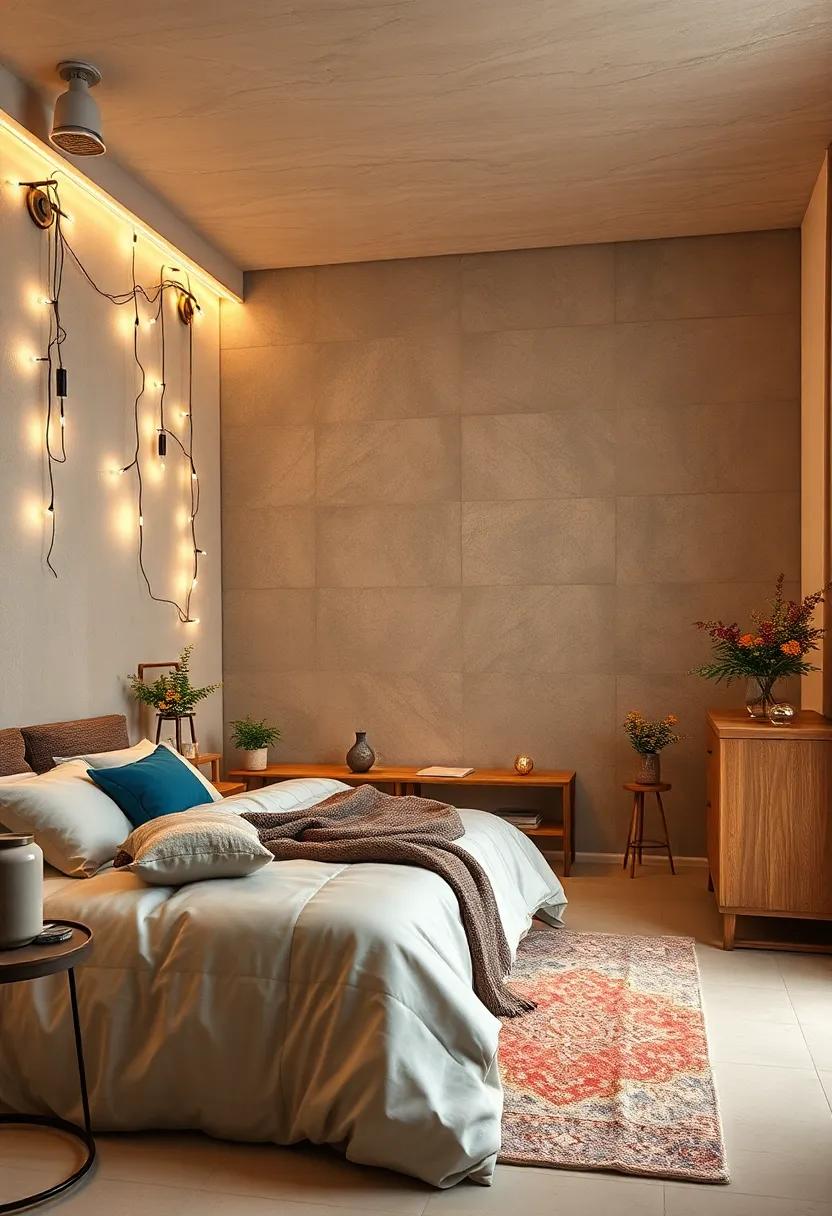 Inspire tranquility by incorporating soft, ambient lighting with fairy lights or LED strips around the room for a dreamy atmosphere