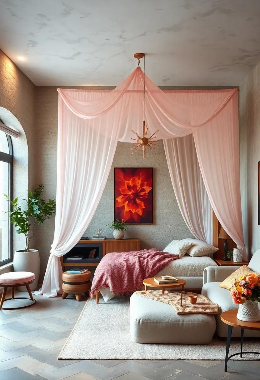 Set up a dreamy canopy over your bed using sheer fabric for an ethereal touch that adds romance and charm