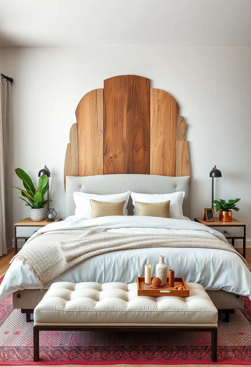 Transform your headboard into a statement piece with creative materials, such as reclaimed wood, upholstered panels, or a mural