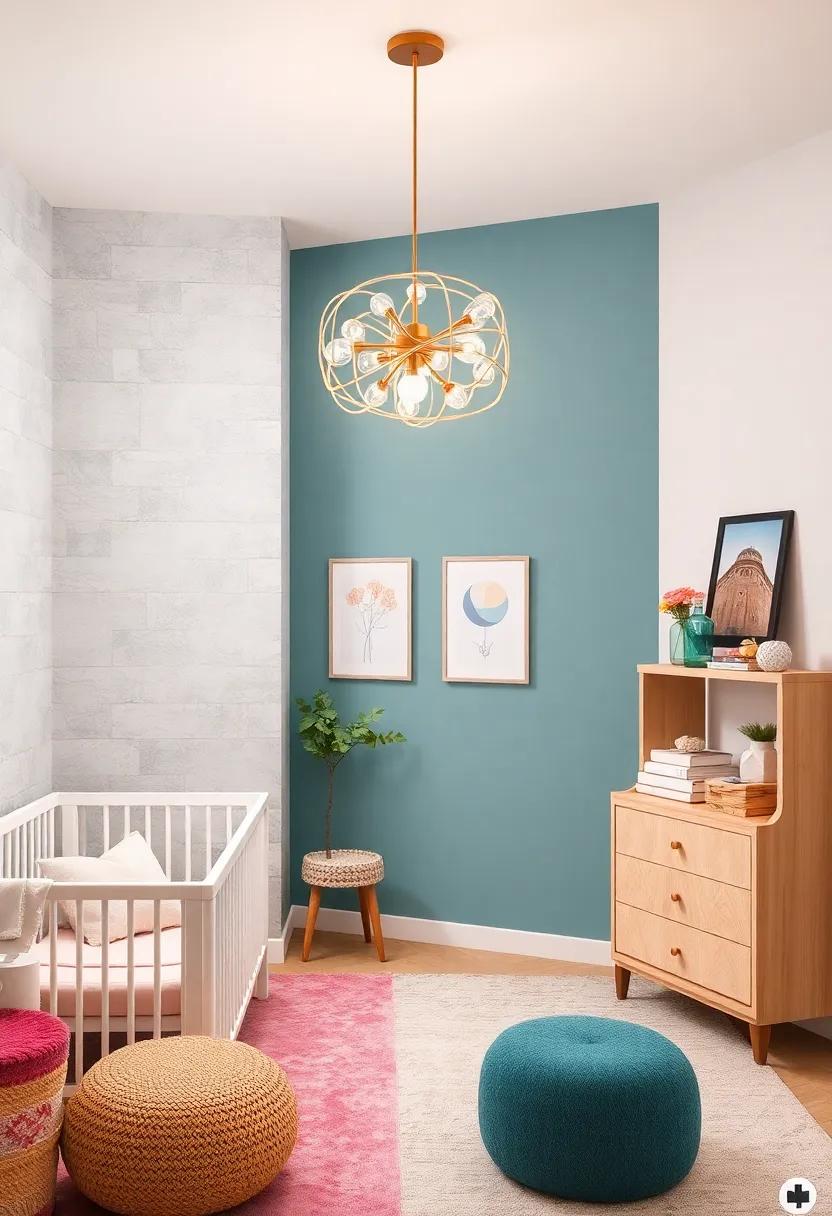 Chic Lighting Fixtures: Replace standard lighting with stylish chandeliers or pendant lights that enhance the nursery's charm while providing ample light