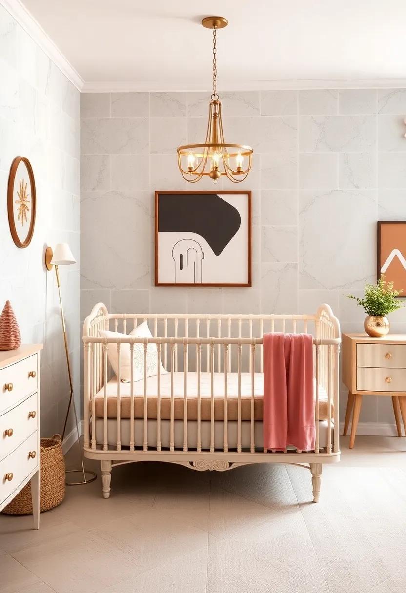 Vintage Glam Crib: Choose a vintage-style crib with intricate detailing to add character and elegance, blending modern convenience with a timeless aesthetic