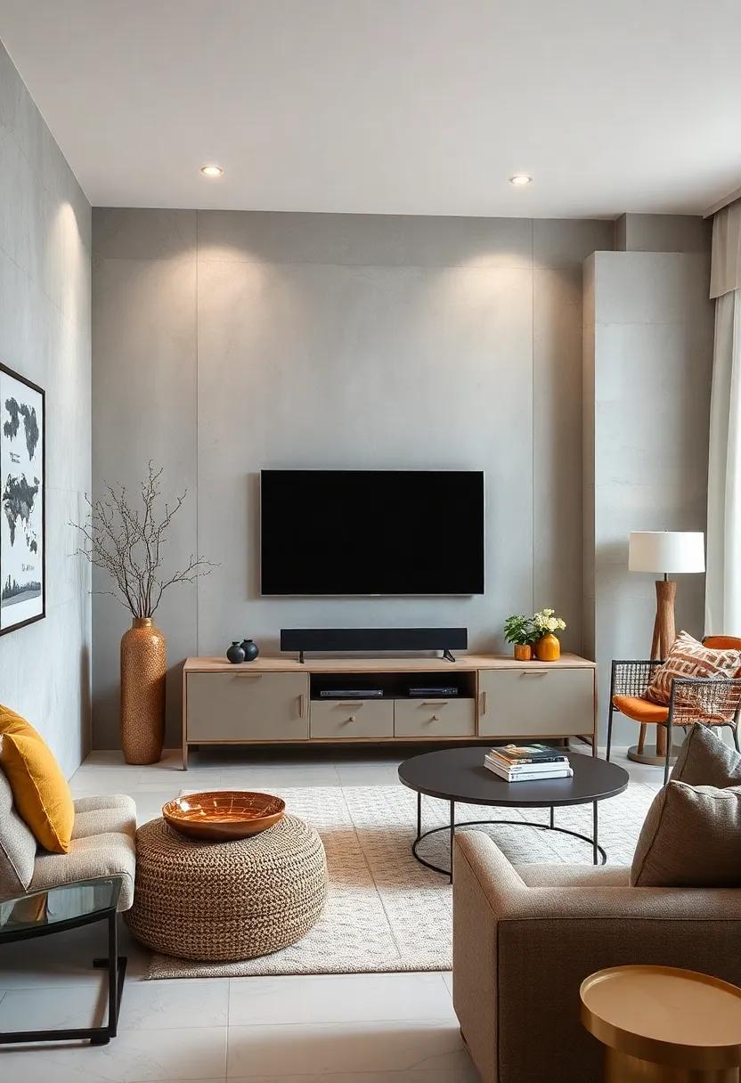 Textured Surfaces: Delve‌ into TV units featuring rich ⁢textures, such as rattan or ‌fabric-wrapped finishes, that enhance tactile experiences‌ in your living space