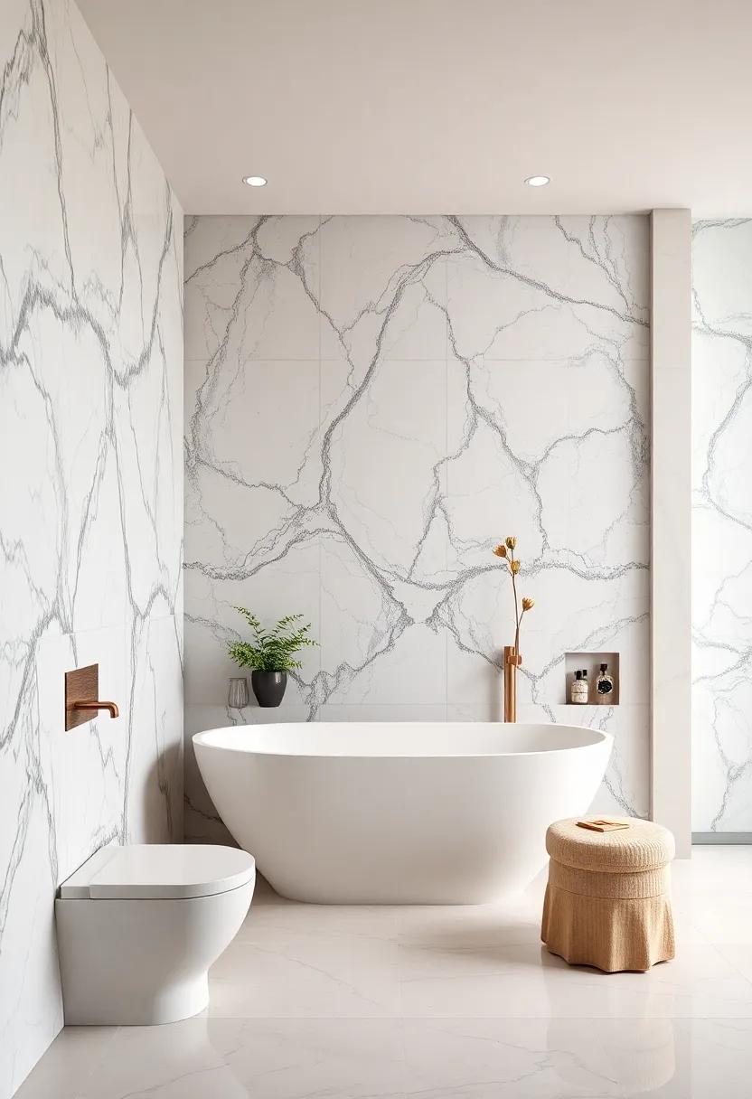 Elegant⁣ Marble ⁤cladding:​ Transform​ your bathroom with shimmering marble walls that exude luxury and pair ​beautifully with sleek ⁣custom cabinetry