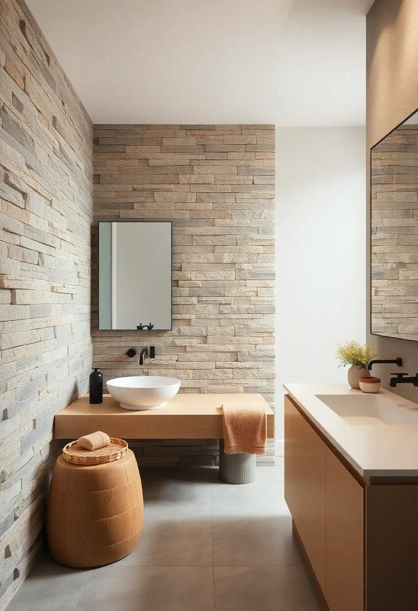 Textured Stone Walls: Enhance the ⁢tactile ⁢experience of your bathroom with rough-cut stone​ walls, perfectly paired ⁤with smooth, minimalist ⁢cabinetry