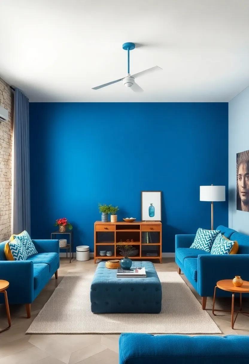Bold Accents: Paint one wall in a vibrant sapphire while keeping the other walls a subtle baby blue to create a dramatic focal point
