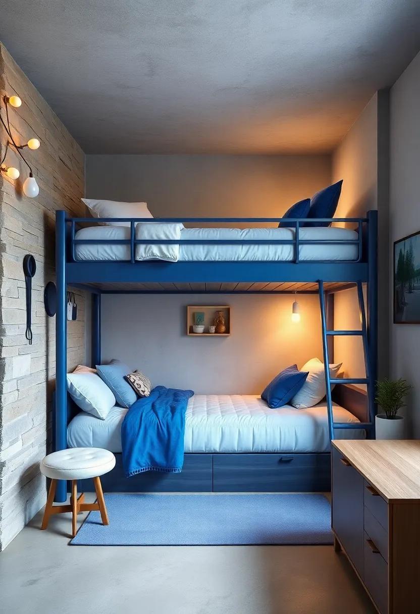 Bunk Bed Bliss: Install a blue-themed bunk bed, complete with fun bedding and lights, transforming the space into a playful sleeping quarter for siblings