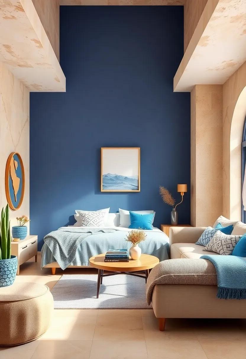 Desert Oasis: Use soft, sandy beige with accents of cool blue to evoke a peaceful desert environment, filled with natural textures and serene vibes
