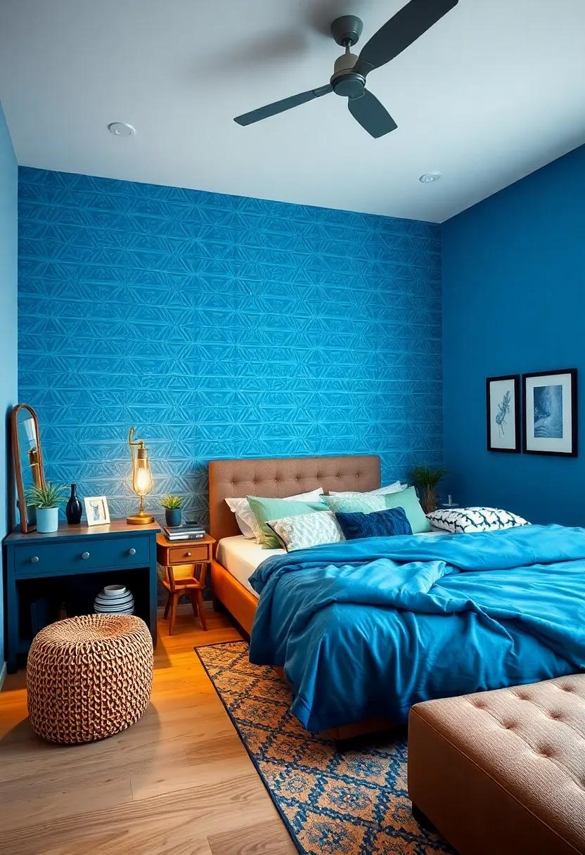 Funky Wallpaper: Revisit retro styles with bold blue wallpaper featuring geometric patterns that add a fun twist to the room décor