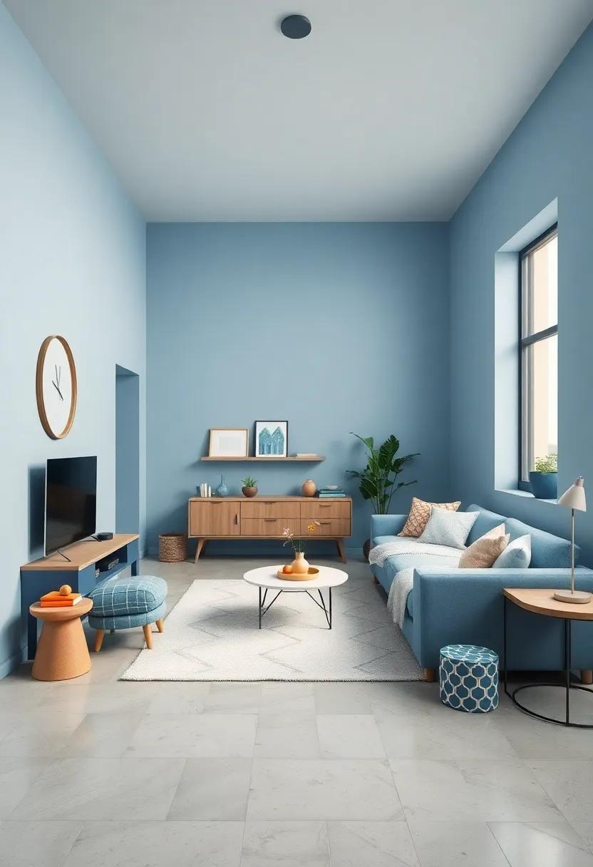 Modern Minimalism: Opt for a sleek, light blue color scheme with minimalistic furniture and decor, focusing on simplicity while making a stylish statement