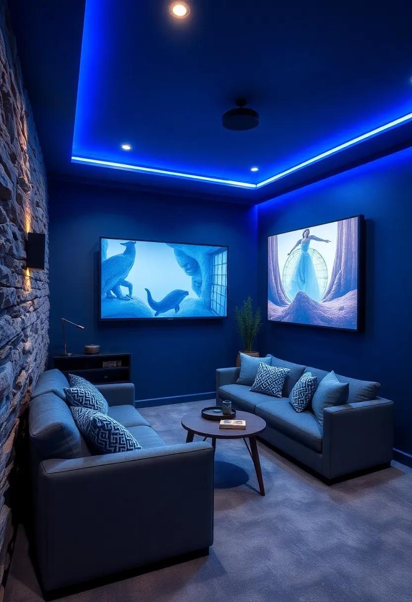 Movie Night Zone: Design a mini home theater with navy walls, plush seating, and blue LED lighting for an inviting space perfect for movie nights