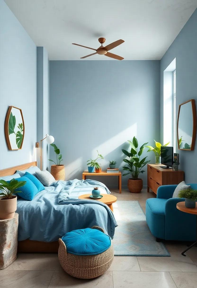 Nature’s Touch: Use a soft blue with green accents, inspired by the outdoors, complemented by plant decor to create a refreshing and rejuvenating space