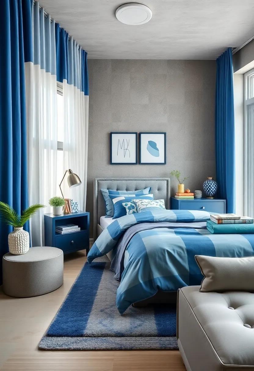 Playful Patterns: Mix and match blue-themed bedding and curtains with fun patterns like stripes or polka dots to energize the room without overwhelming it