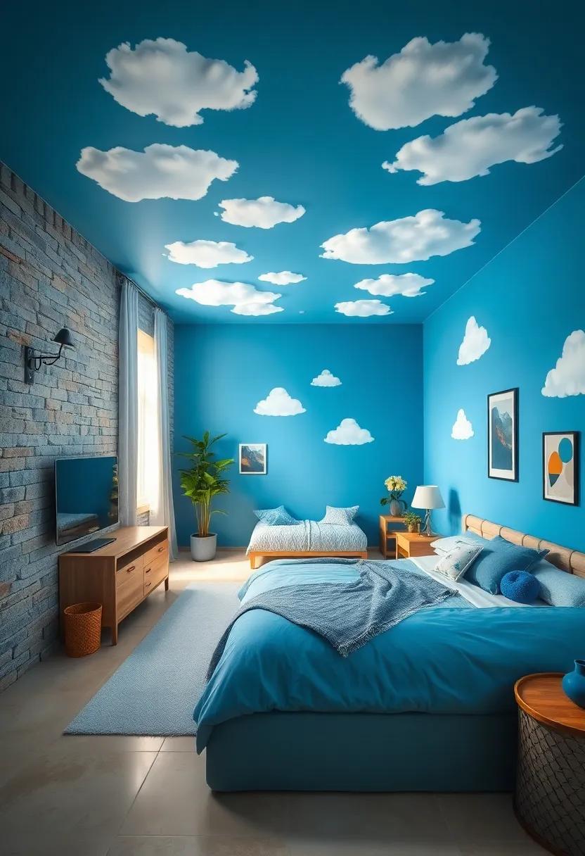 Sky High Dreams: Soften your boy’s room by painting the ceiling a bright sky blue and adding fluffy white clouds for an airy and uplifting feel