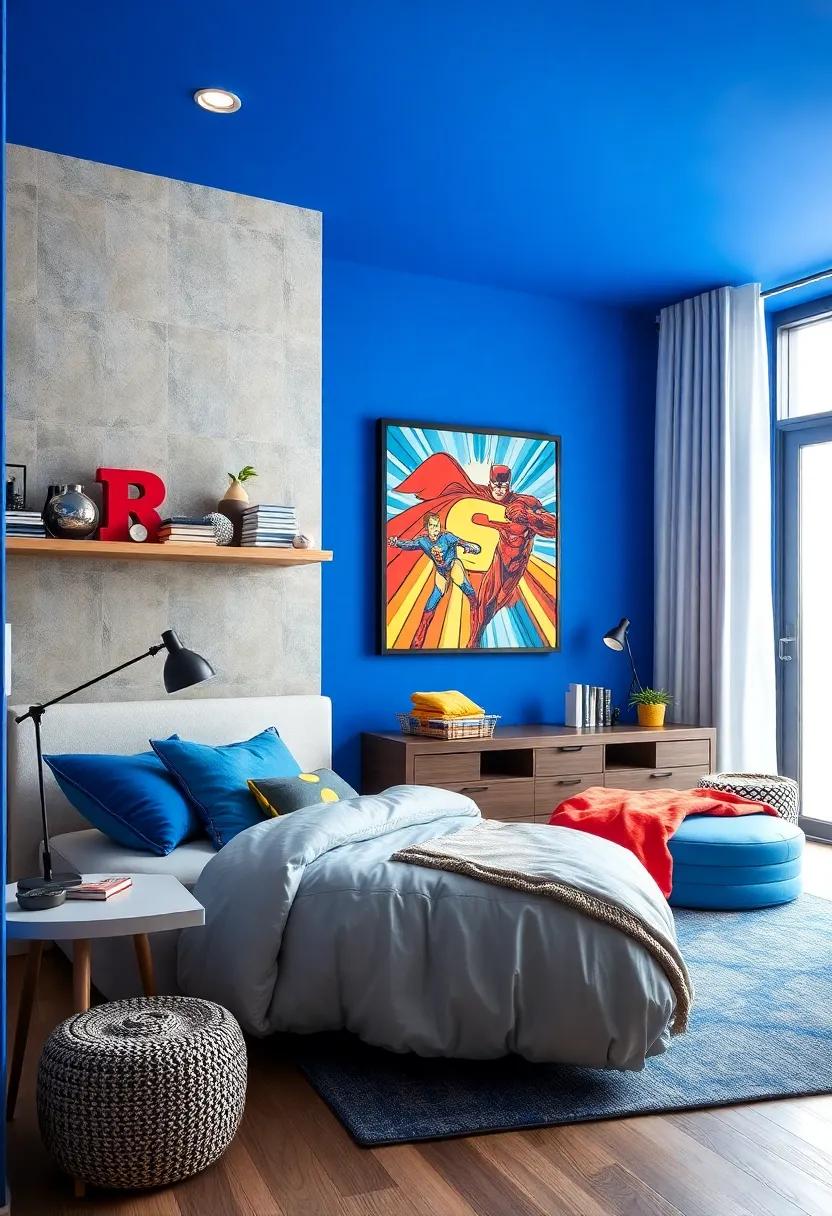Superhero Headquarters: Use a bold royal blue as the base and layer in superhero artwork that pops against the rich hue for an action-packed atmosphere