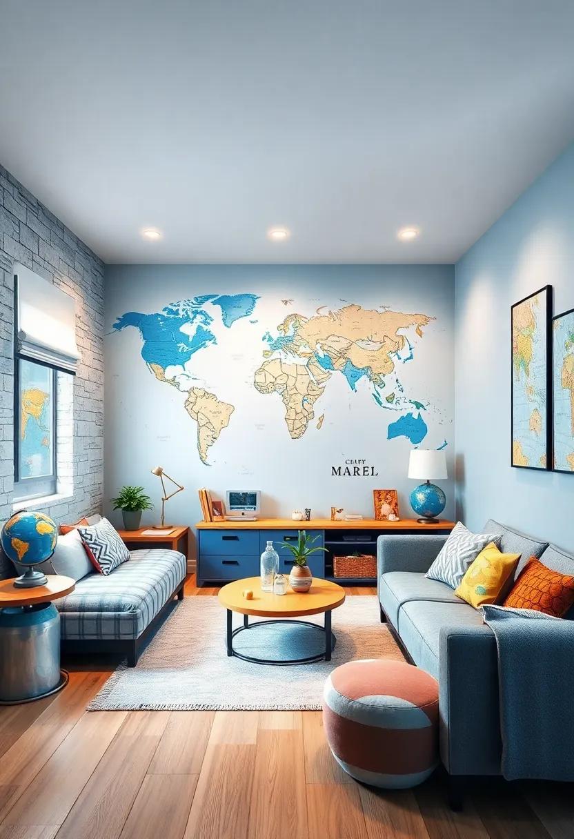 Travel Inspired: Paint a world map mural in soft blue tones for a whimsical exploration theme, adorned with travel trinkets and globes for endless inspiration
